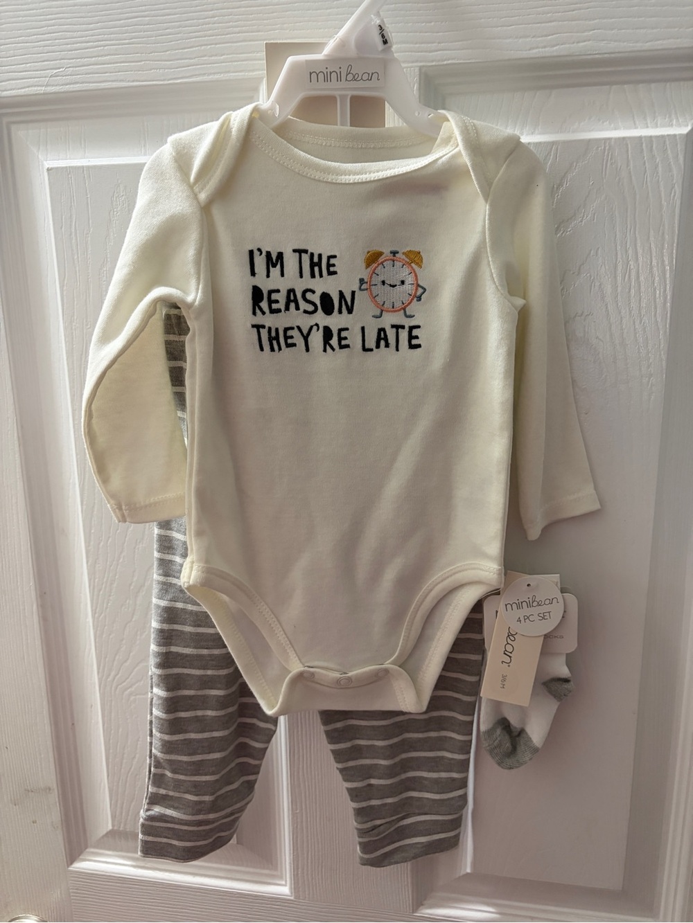 Mini Bean Cream & Gray Baby Bodysuit Set - "I'm The Reason They're Late"
